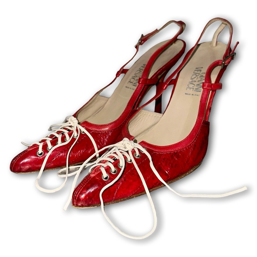 90s Archive Gianni Versace Red Leather Corset Lace-Up Slingback Heels